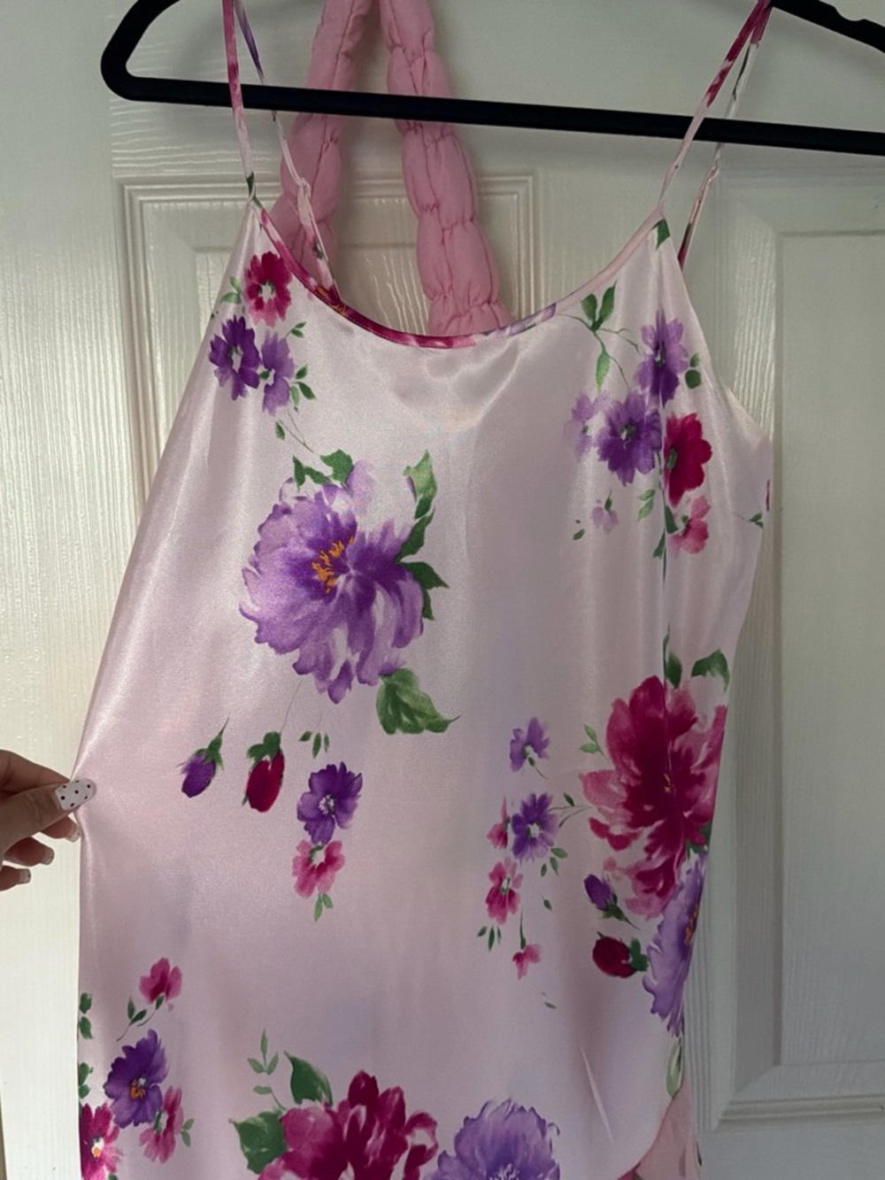 Victoria's Secret Pink Satin Floral Slip with Purple & Magenta Blooms